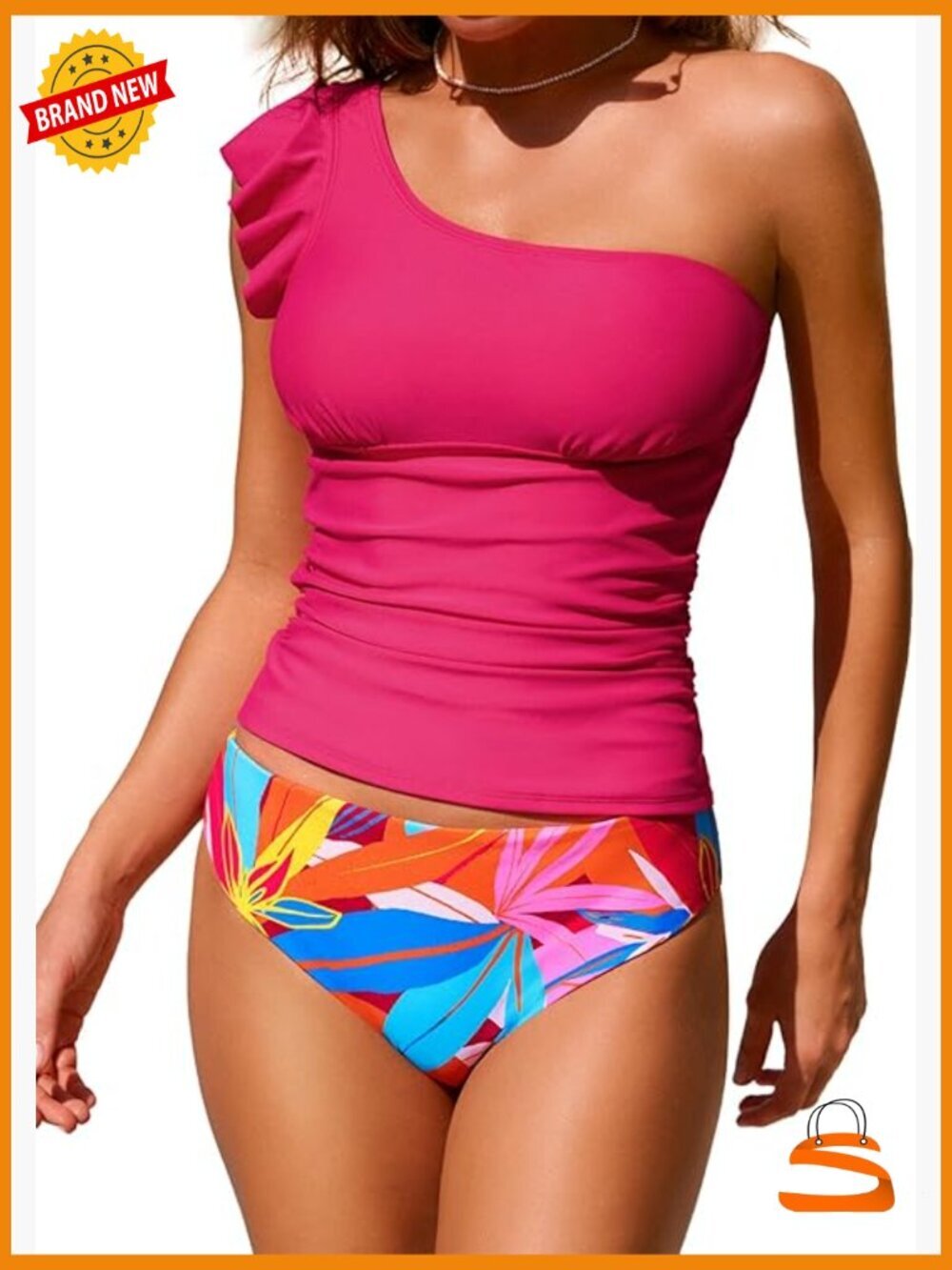 One Shoulder Ruffle Tankini Set Reversible Bottoms Removable Straps Swimwear